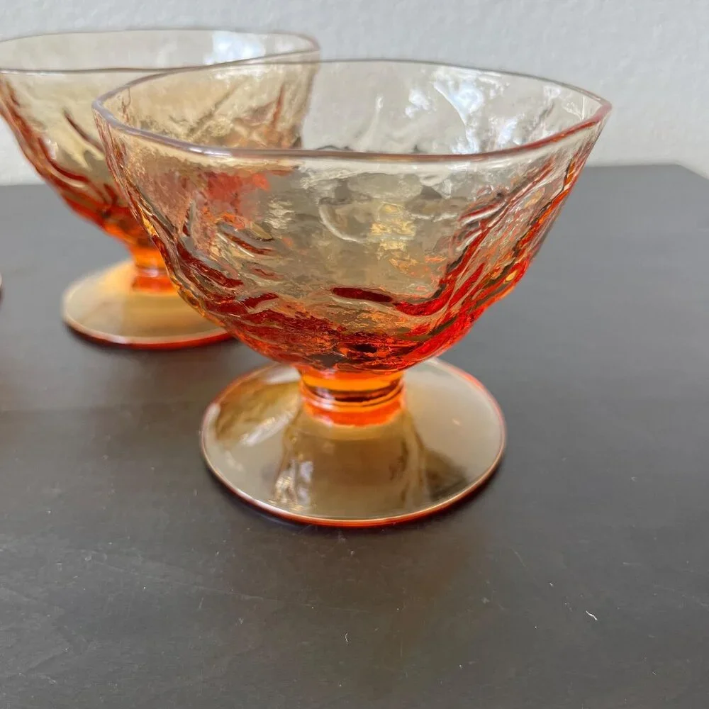 Seneca Glass Driftwood Amber Dessert Bowls // Set of 4 // Crinkle Glass Pedestal